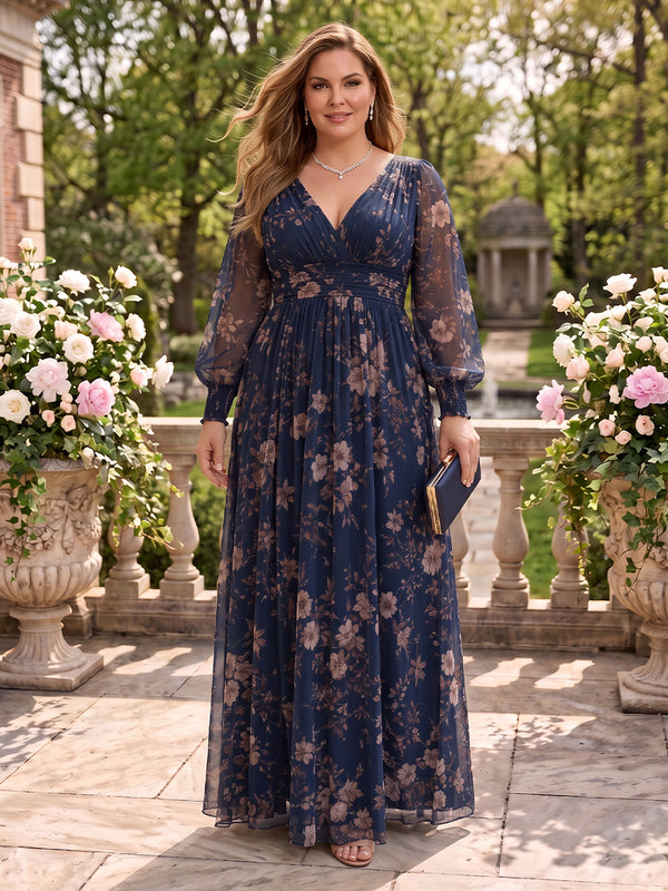 Floral Print A Line Plus Size V Neck Long Sleeves Floor Length Mother of the Bride Dresses