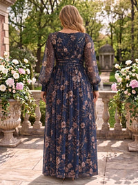 Floral Print A Line Plus Size V Neck Long Sleeves Floor Length Mother of the Bride Dresses