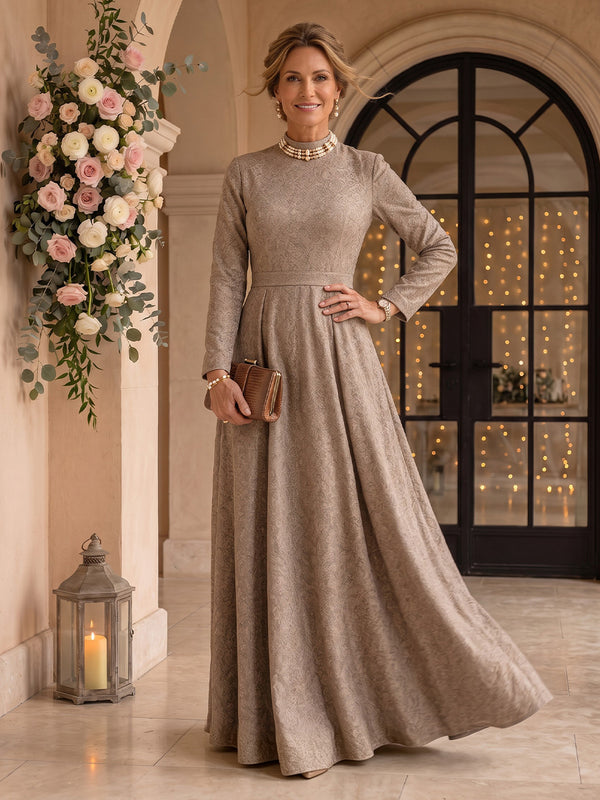Mock Neck Long Sleeves Jacquard A Line Floor Length Mother of the Bride Dresses