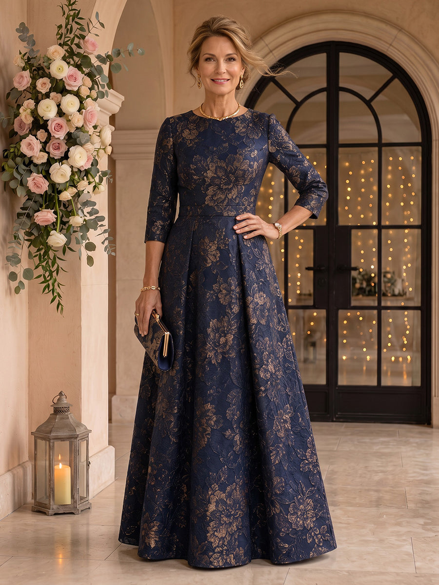 Jewel Jacquard A Line Long Sleeves Floor Length Mother of the Bride Dresses