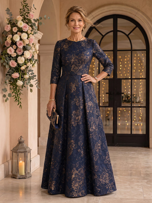 Jewel Jacquard A Line Long Sleeves Floor Length Mother of the Bride Dresses
