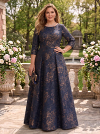 Jewel Plus Size Jacquard A Line Long Sleeves Floor Length Mother of the Bride Dresses