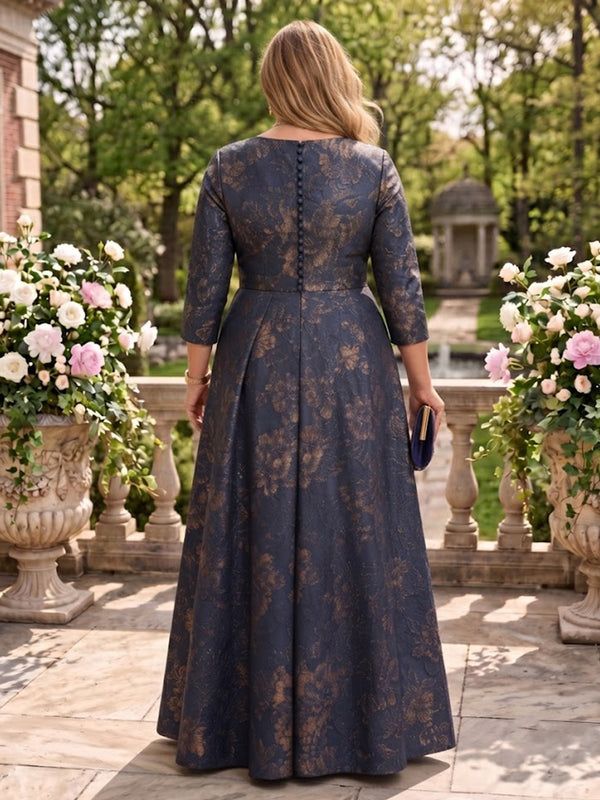 Jewel Plus Size Jacquard A Line Long Sleeves Floor Length Mother of the Bride Dresses