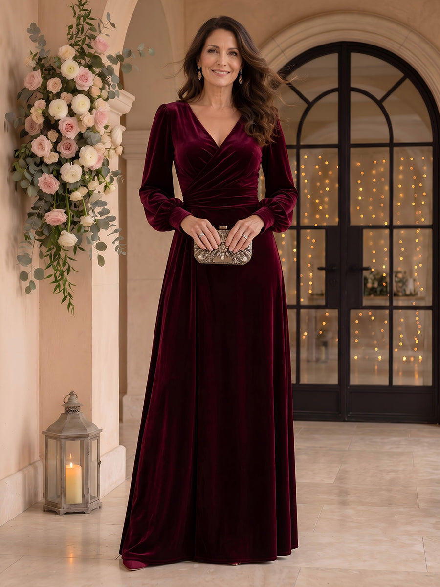 Velvet V Neck Long Sleeves A Line Mother of the Bride/Groom Dresses