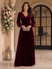 Velvet V Neck Long Sleeves A Line Mother of the Bride/Groom Dresses