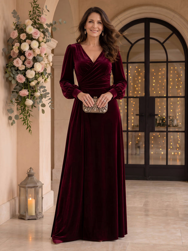 Velvet V Neck Long Sleeves A Line Mother of the Bride/Groom Dresses