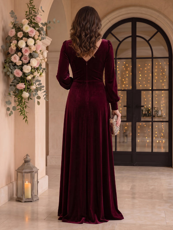 Velvet V Neck Long Sleeves A Line Mother of the Bride/Groom Dresses
