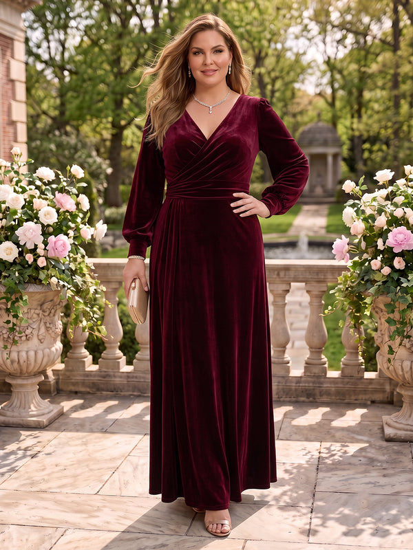 Velvet Plus Size V Neck Long Sleeves A Line Mother of the Bride/Groom Dresses
