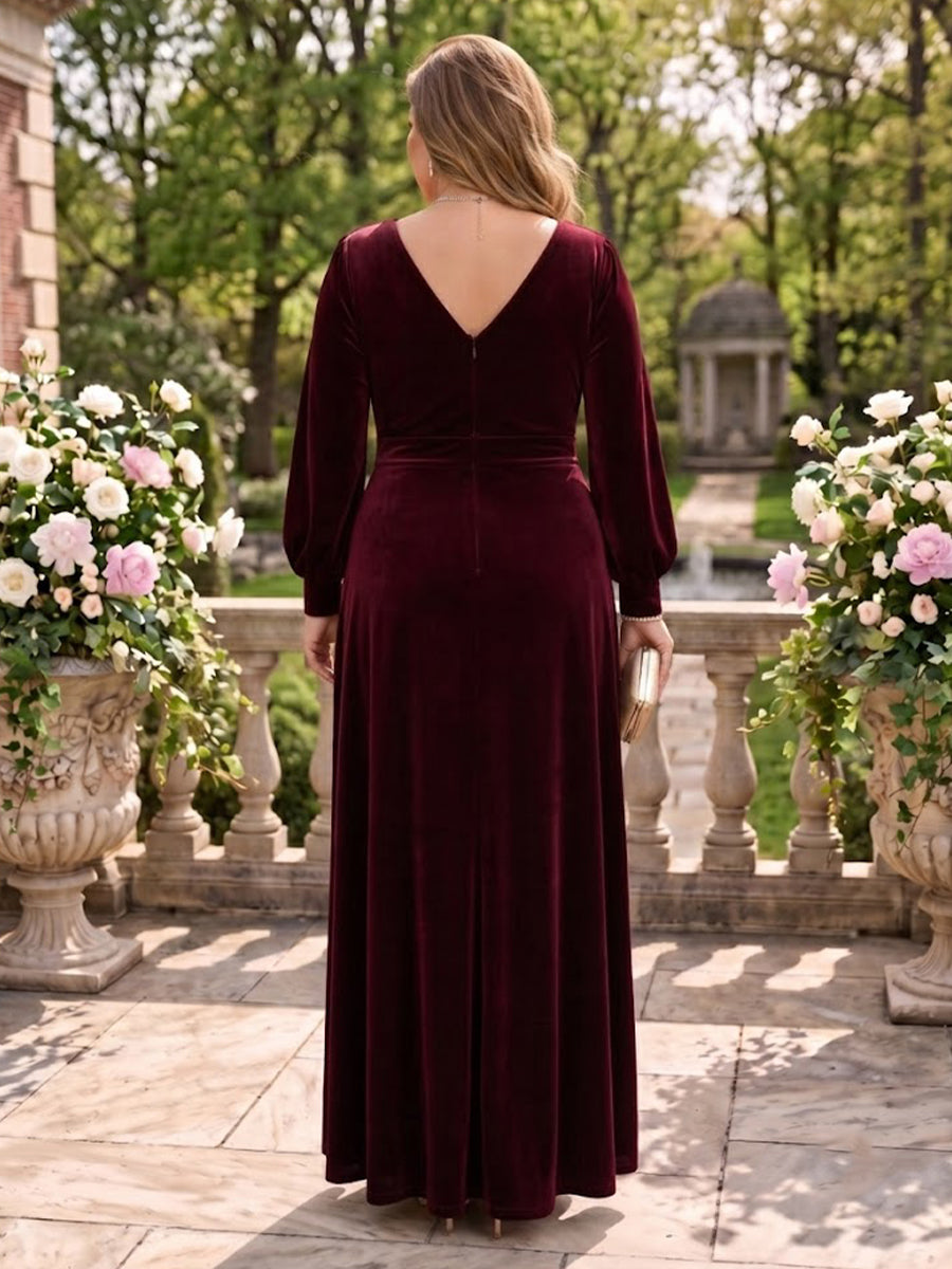 Velvet Plus Size V Neck Long Sleeves A Line Mother of the Bride/Groom Dresses