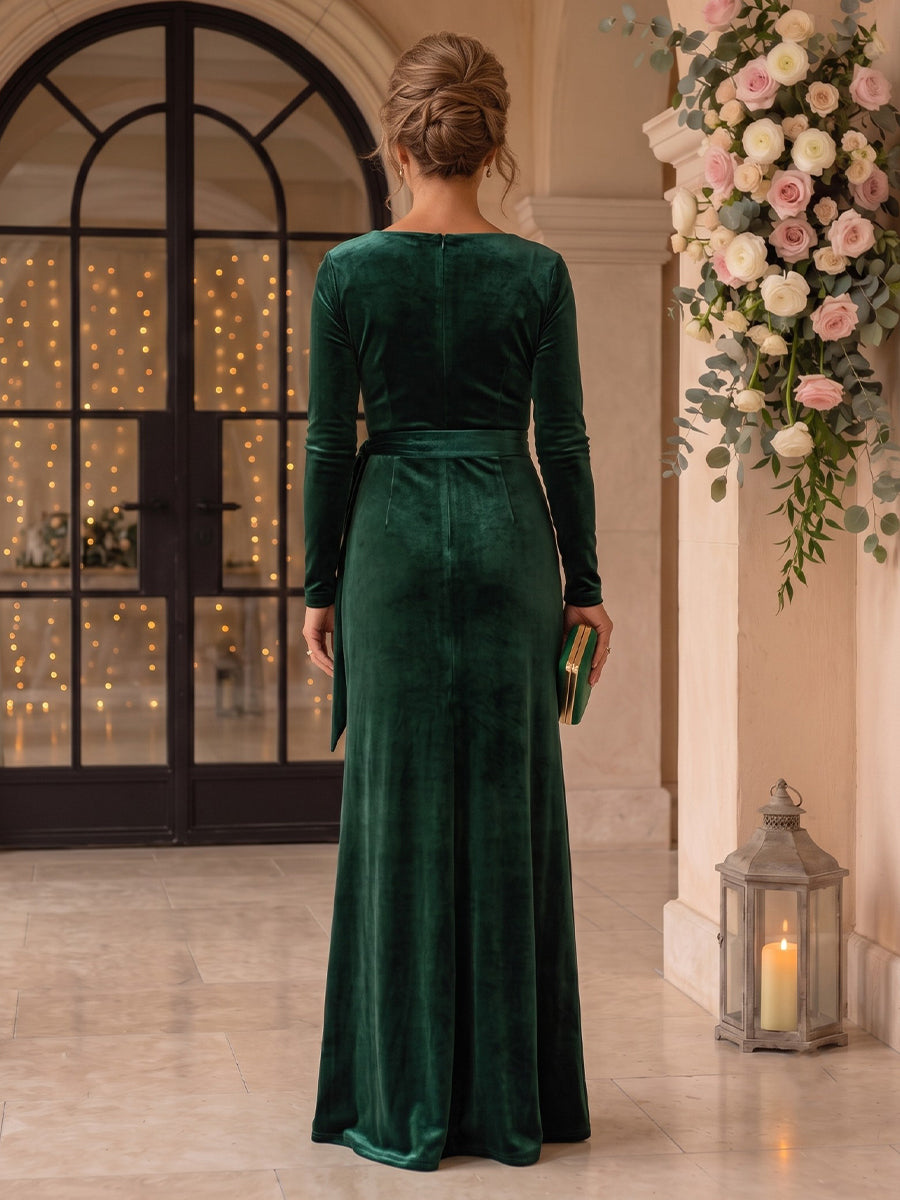 Velvet Pleated V Neck Long Sleeves Floor Length Mother of the Bride/Groom Dresses