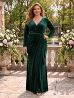 Pleated Plus Size Velvet V Neck Long Sleeves Floor Length Mother of the Bride/Groom Dresses