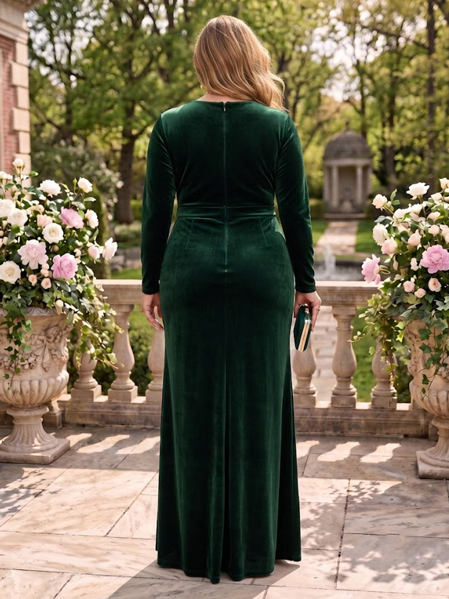 Pleated Plus Size Velvet V Neck Long Sleeves Floor Length Mother of the Bride/Groom Dresses