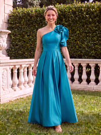 One Shoulder Satin Half Sleeves Mother of the Bride Dresses with Flower