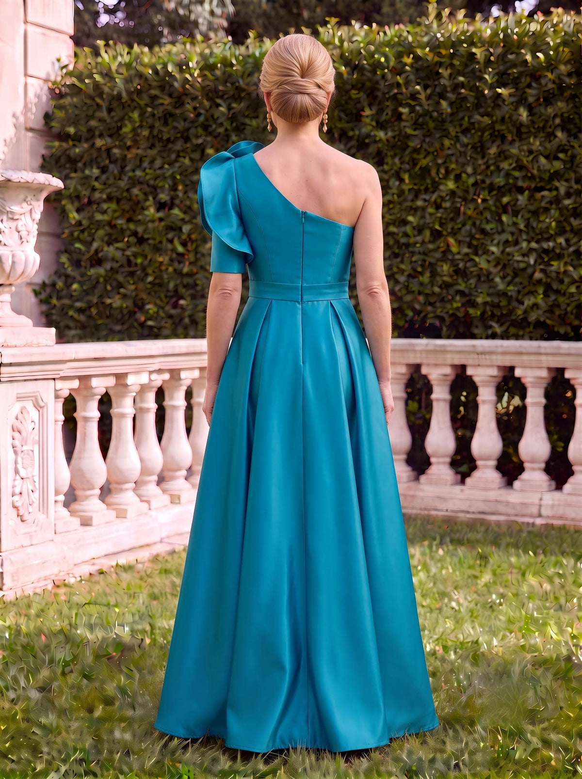 One Shoulder Satin Half Sleeves Mother of the Bride Dresses with Flower