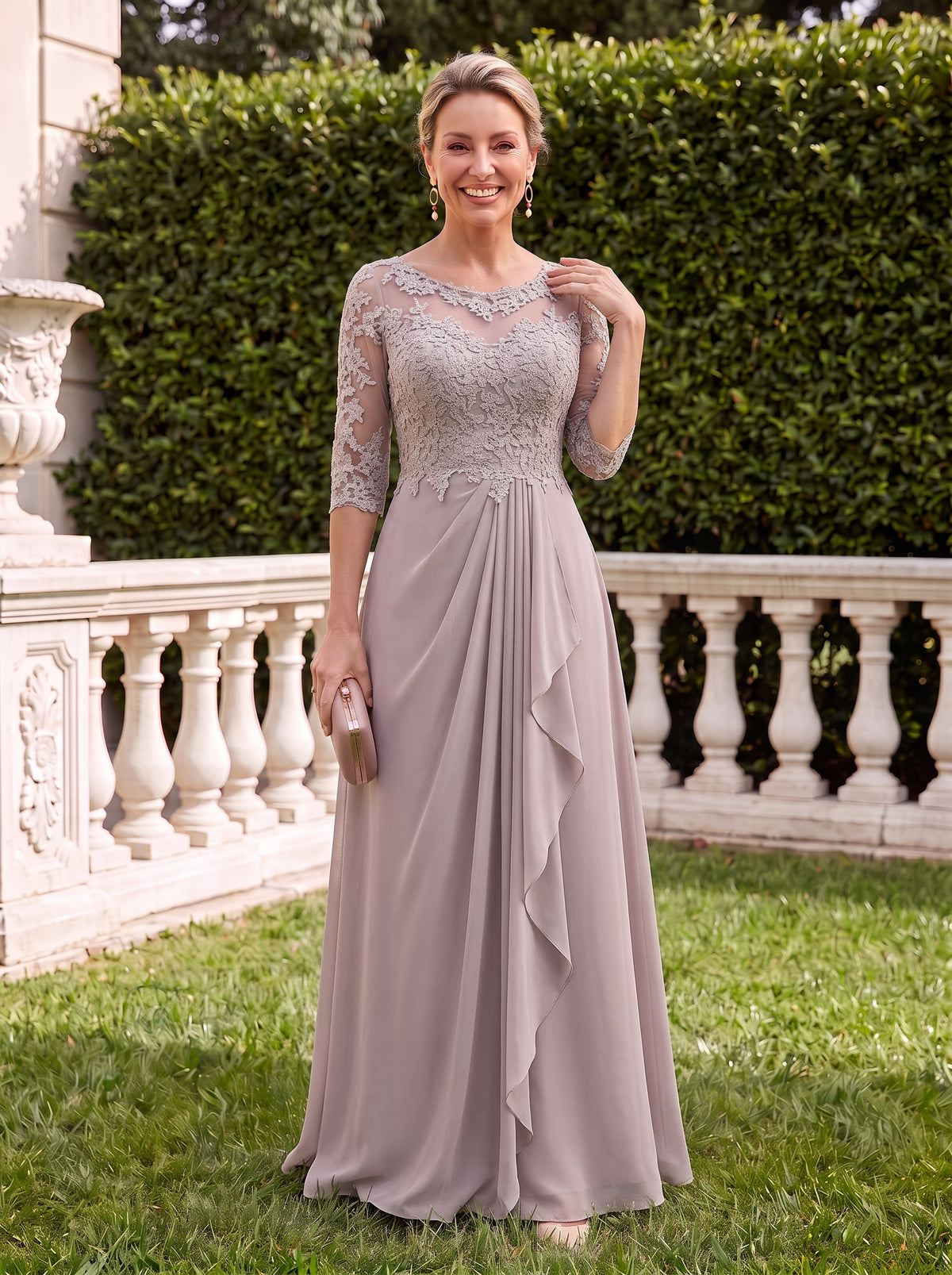 Scoop Neck Chiffon Half Sleeves Lace Applique Mother of the Bride Dresses