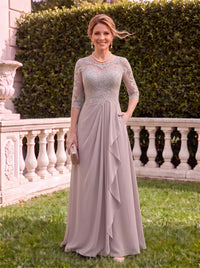 Scoop Neck Chiffon Half Sleeves Lace Applique Mother of the Bride Dresses