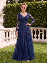 Tulle V Neck Long Sleeves A Line Lace Applique Mother of the Bride Dresses with Beads
