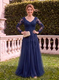 Tulle V Neck Long Sleeves A Line Lace Applique Mother of the Bride Dresses with Beads