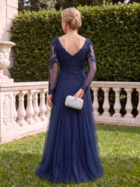 Tulle V Neck Long Sleeves A Line Lace Applique Mother of the Bride Dresses with Beads
