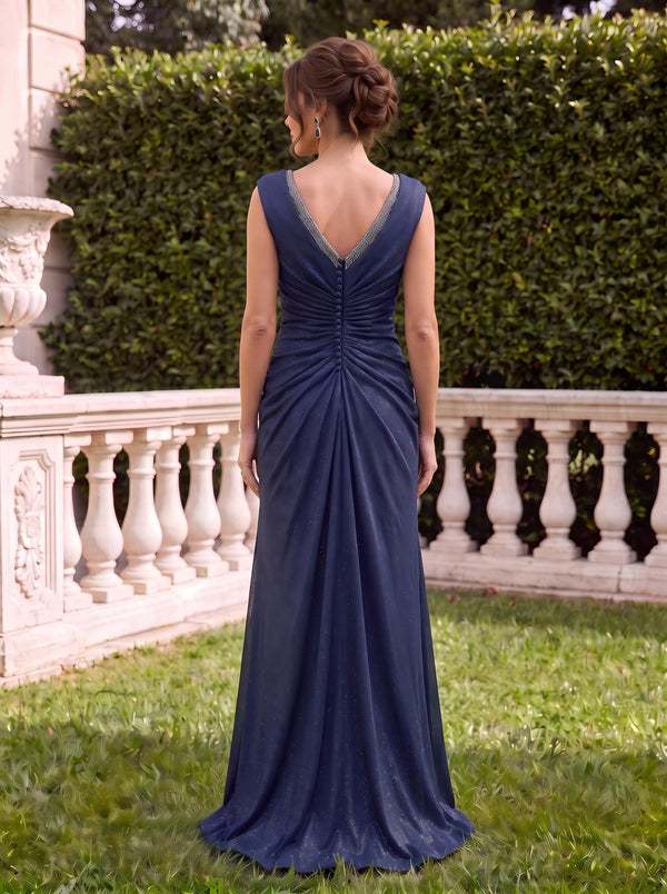 V Neck Satin Sleeveless A Line Mother of the Bride Dresses