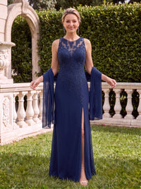 Chiffon Scoop Neck Sleeveless Sheath Lace Applique Mother of the Bride Dresses with Slit