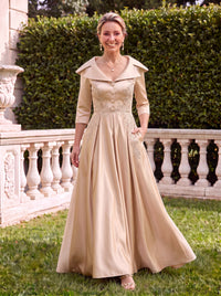 A Line Stand Collar Satin 3/4 Sleeves Lace Applique Mother of the Bride Dresses