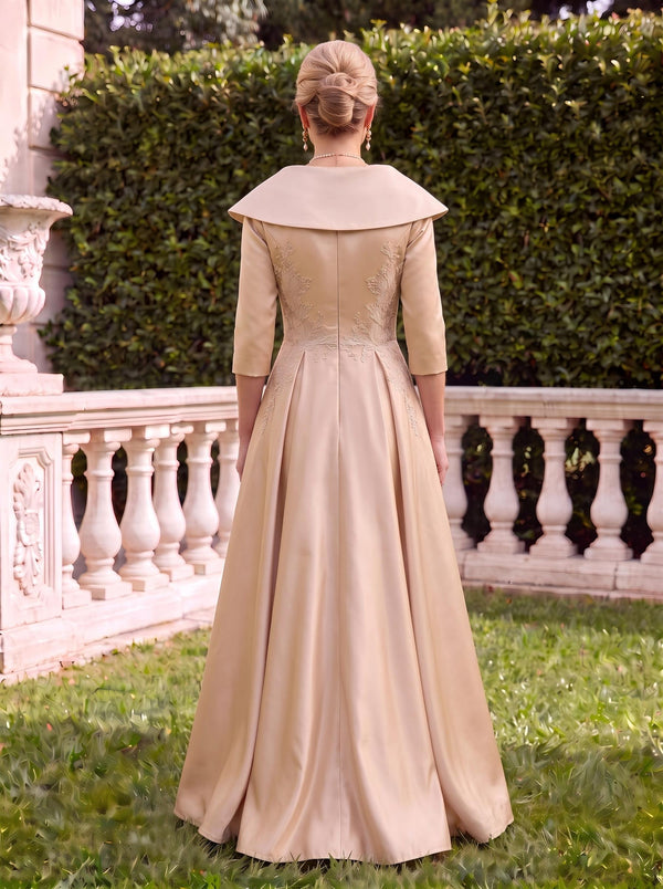 A Line Stand Collar Satin 3/4 Sleeves Lace Applique Mother of the Bride Dresses
