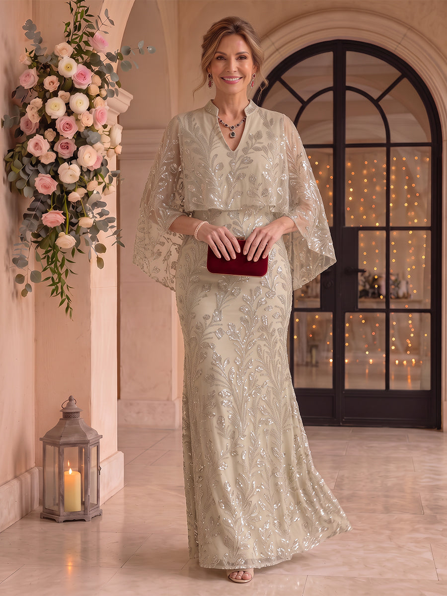 Sequin Stand Collar Tulle Floor Length Mermaid Mother of the Bride/Groom Dresses with Cape