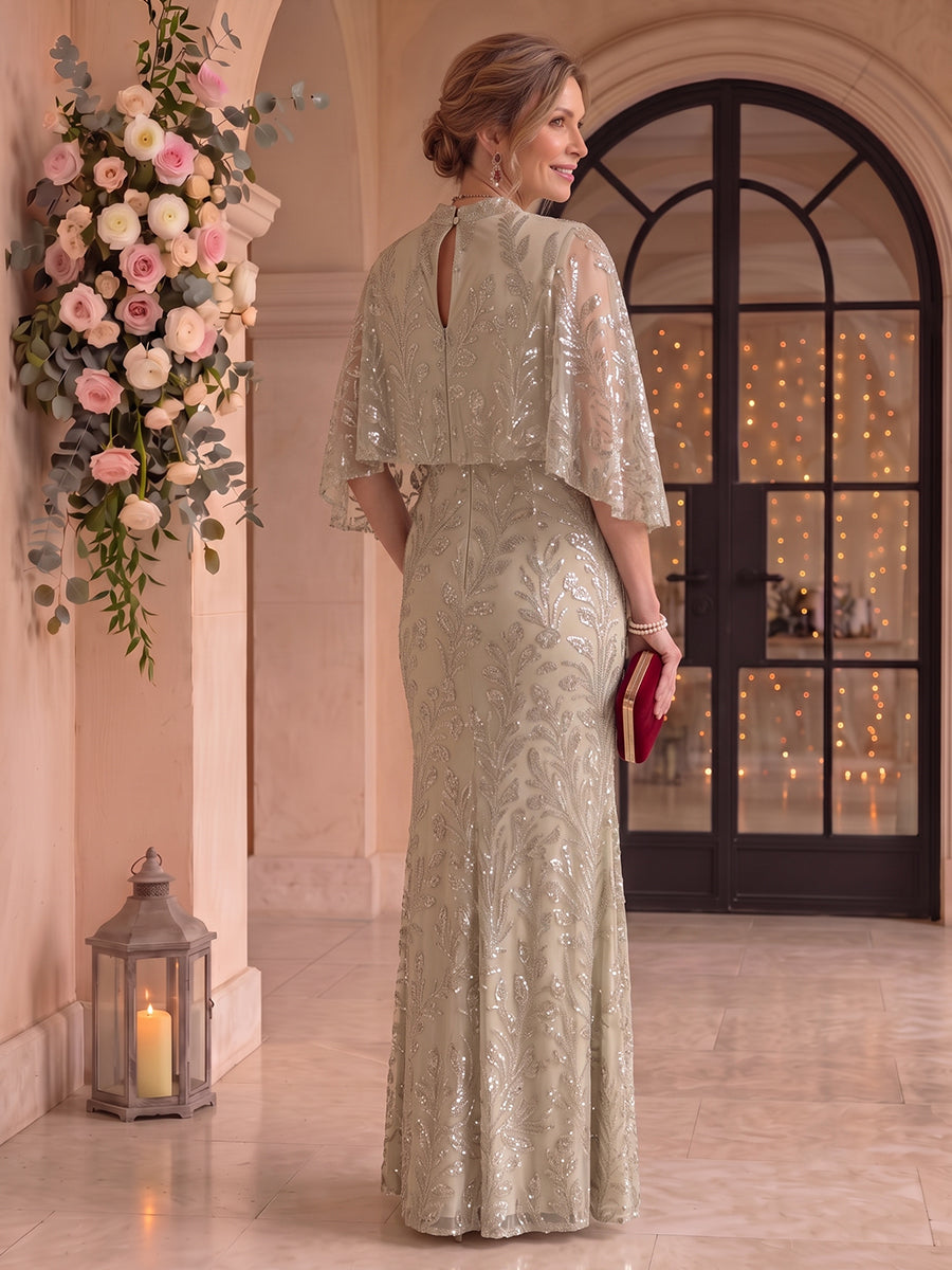 Sequin Stand Collar Tulle Floor Length Mermaid Mother of the Bride/Groom Dresses with Cape