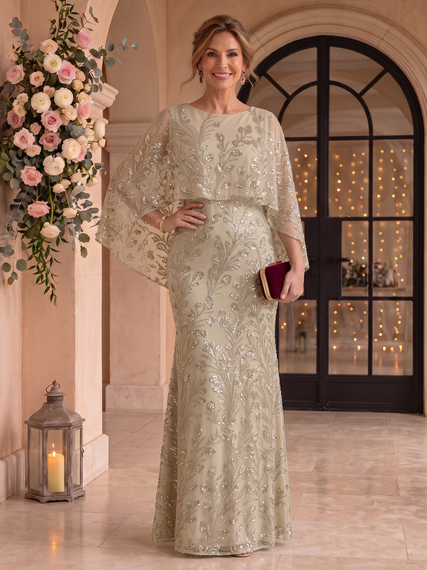 Jewel Sequin Tulle Floor Length Mermaid Mother of the Bride/Groom Dresses with Cape