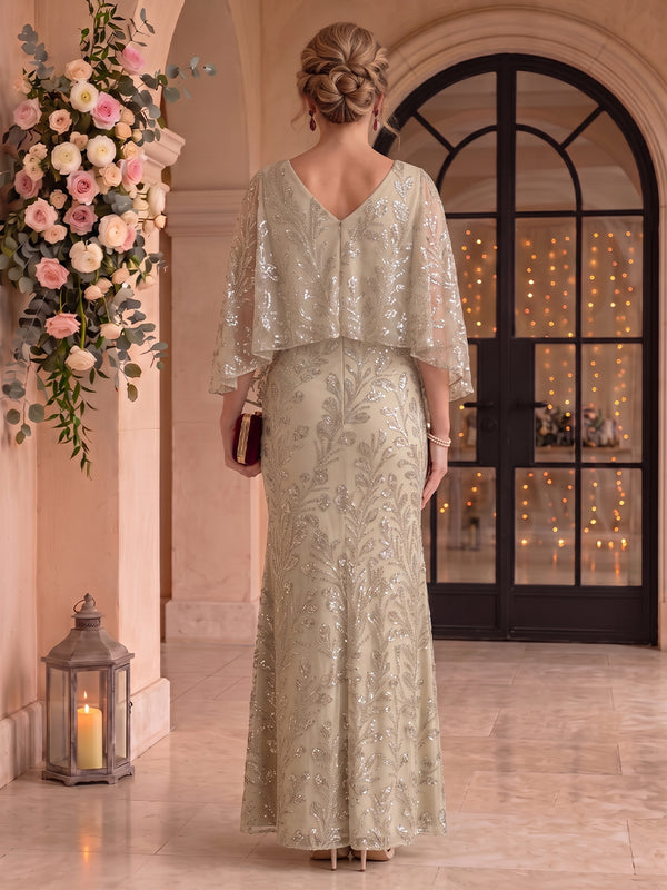 Jewel Sequin Tulle Floor Length Mermaid Mother of the Bride/Groom Dresses with Cape
