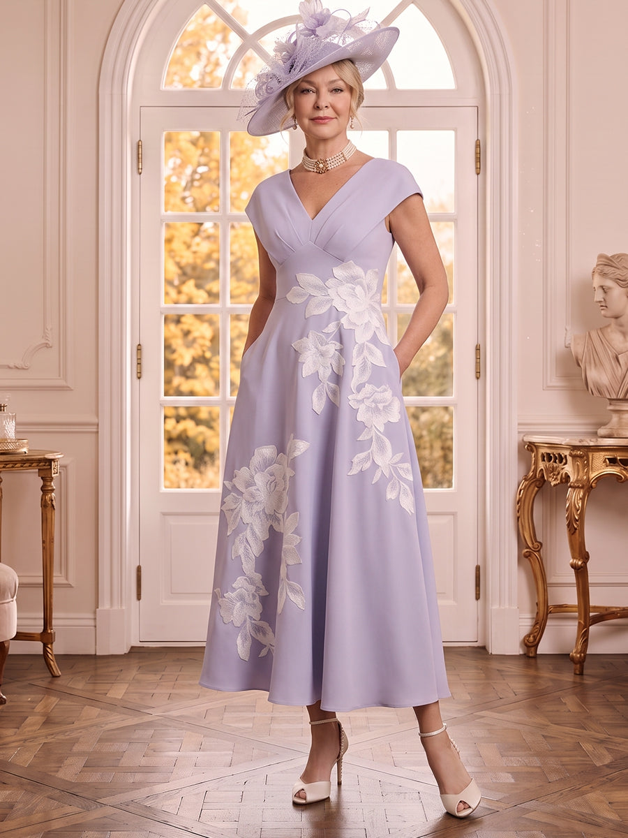 A Line V Neck Satin Sleeveless Floral Mother of the Bride Dresses