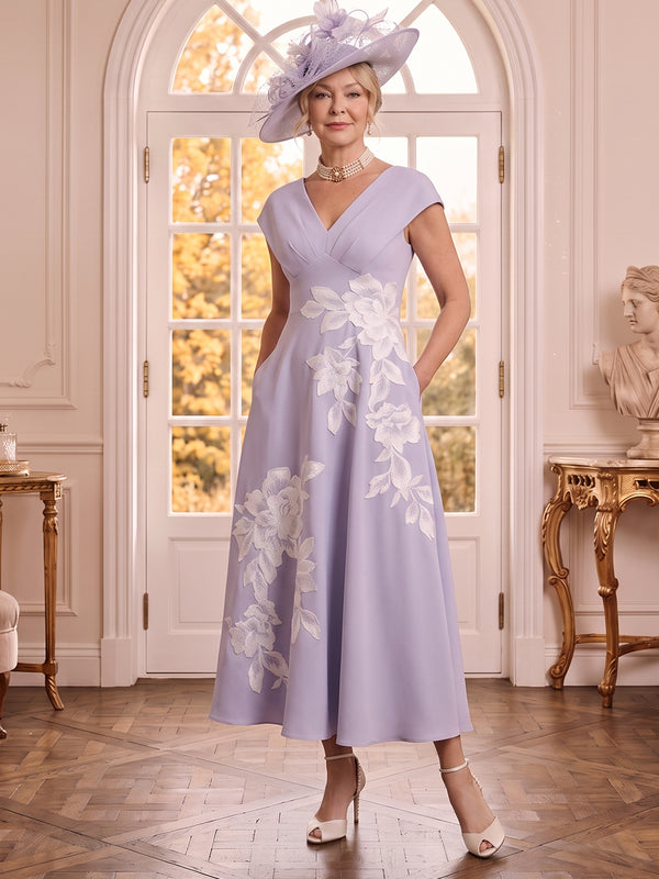 A Line V Neck Satin Sleeveless Floral Mother of the Bride Dresses