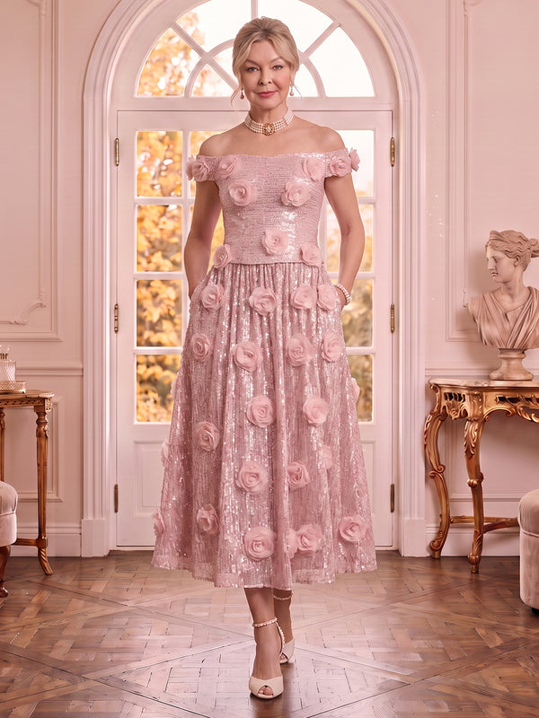 Off the Shoulder Sequin Sleeveless A Line 3D Flowers Mother of the Bride Dresses