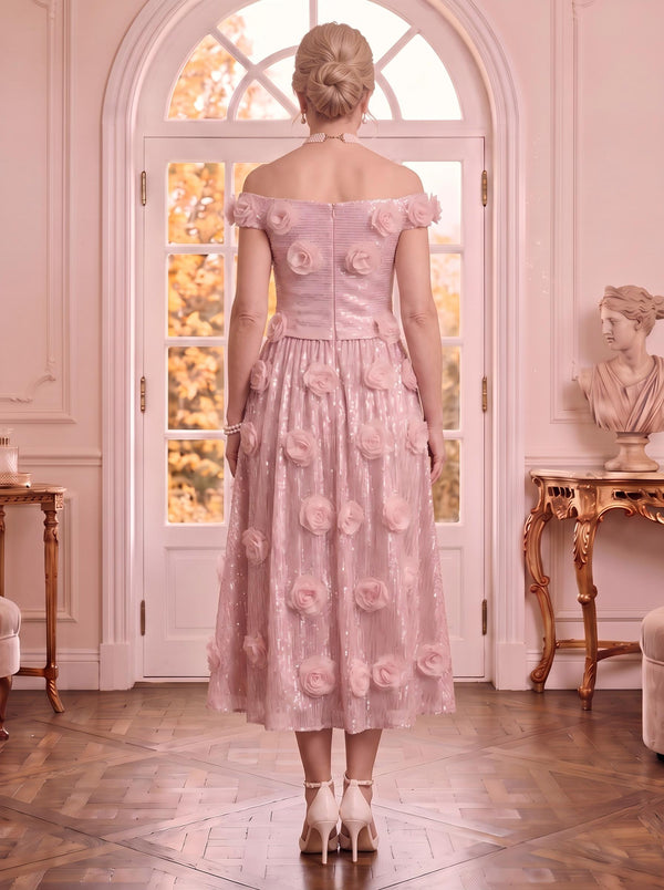 Off the Shoulder Sequin Sleeveless A Line 3D Flowers Mother of the Bride Dresses