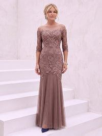 Tulle Off the Shoulder 3/4 Sleeves Mermaid Lace Applique Mother of the Bride Dresses