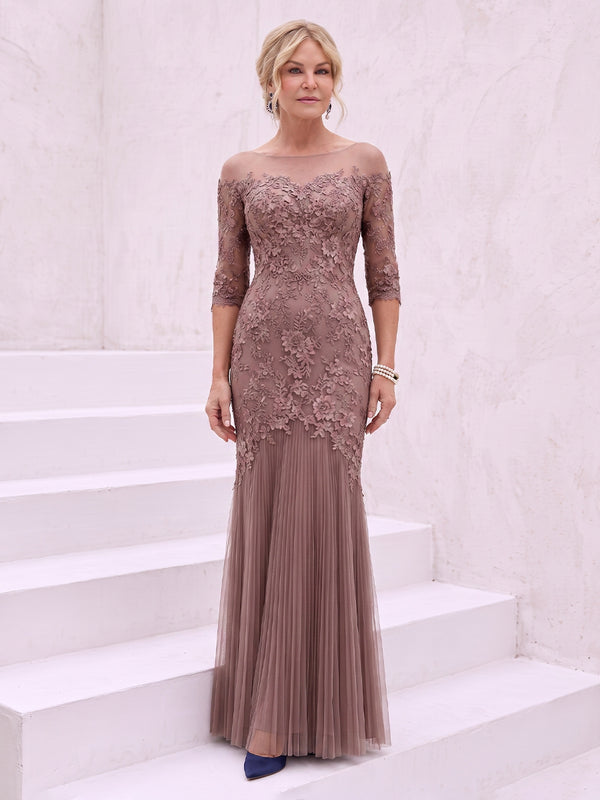 Tulle Off the Shoulder 3/4 Sleeves Mermaid Lace Applique Mother of the Bride Dresses