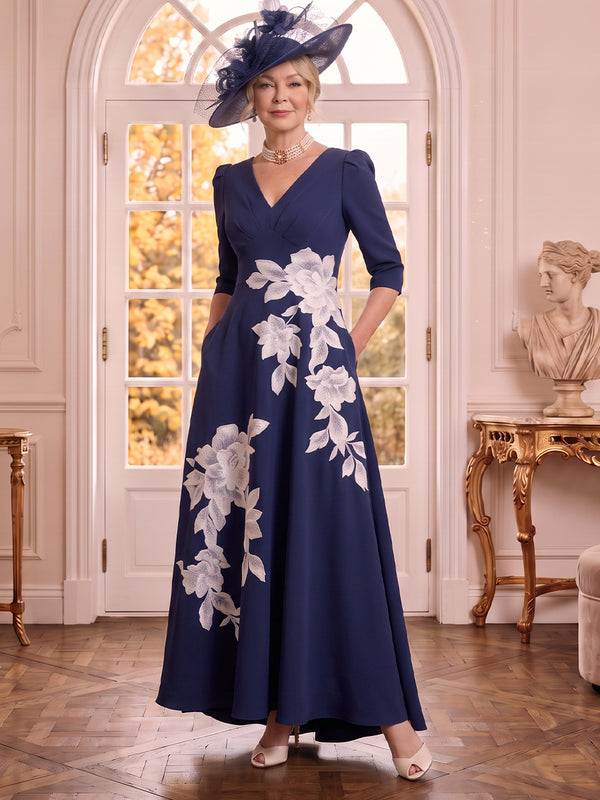 A Line V Neck Satin 3/4 Sleeves Floral Mother of the Bride Dresses