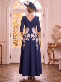 A Line V Neck Satin 3/4 Sleeves Floral Mother of the Bride Dresses