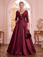 Satin V Neck 3/4 Sleeves A Line Lace Applique Mother of the Bride Dresses