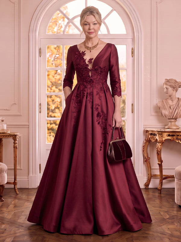 Satin V Neck 3/4 Sleeves A Line Lace Applique Mother of the Bride Dresses
