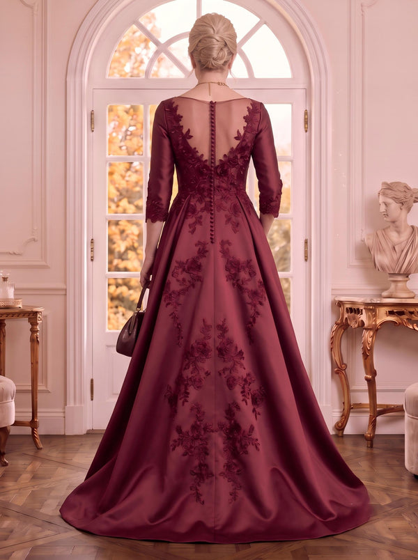 Satin V Neck 3/4 Sleeves A Line Lace Applique Mother of the Bride Dresses