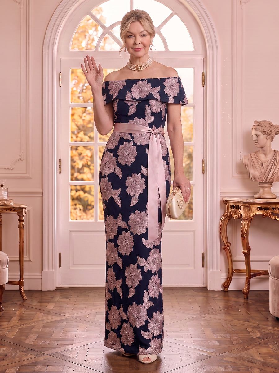 Off the Shoulder Satin Mermaid Sleeveless Jacquard Mother of the Bride Dresses