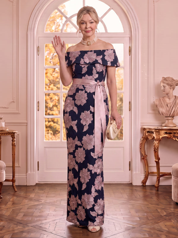 Off the Shoulder Satin Mermaid Sleeveless Jacquard Mother of the Bride Dresses