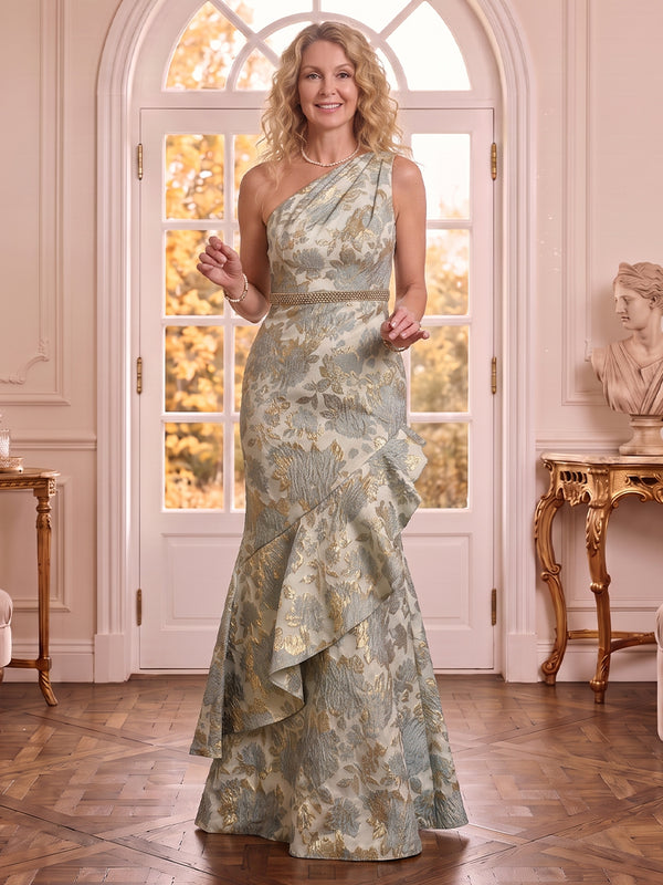 Satin One Shoulder Sleeveless Mermaid Jacquard Mother of the Bride Dresses