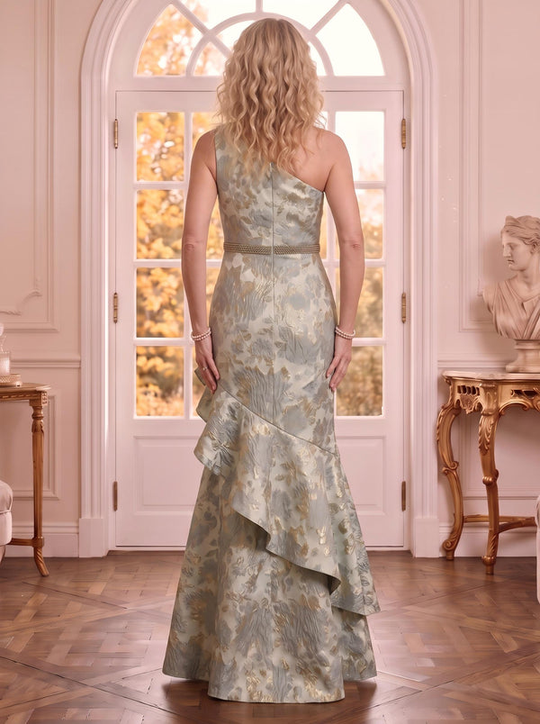 Satin One Shoulder Sleeveless Mermaid Jacquard Mother of the Bride Dresses