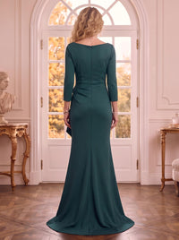 V Neck Satin 3/4 Sleeves Mermaid Mother of the Bride Dresses with Slit