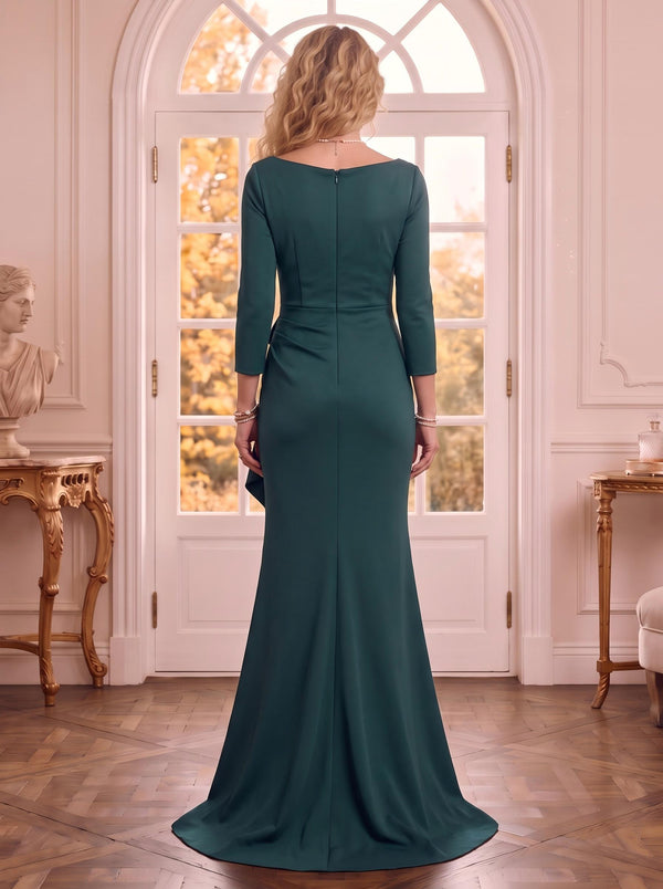 V Neck Satin 3/4 Sleeves Mermaid Mother of the Bride Dresses with Slit