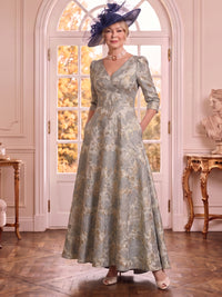 V Neck Satin 3/4 Sleeves Jacquard A Line Mother of the Bride Dresses