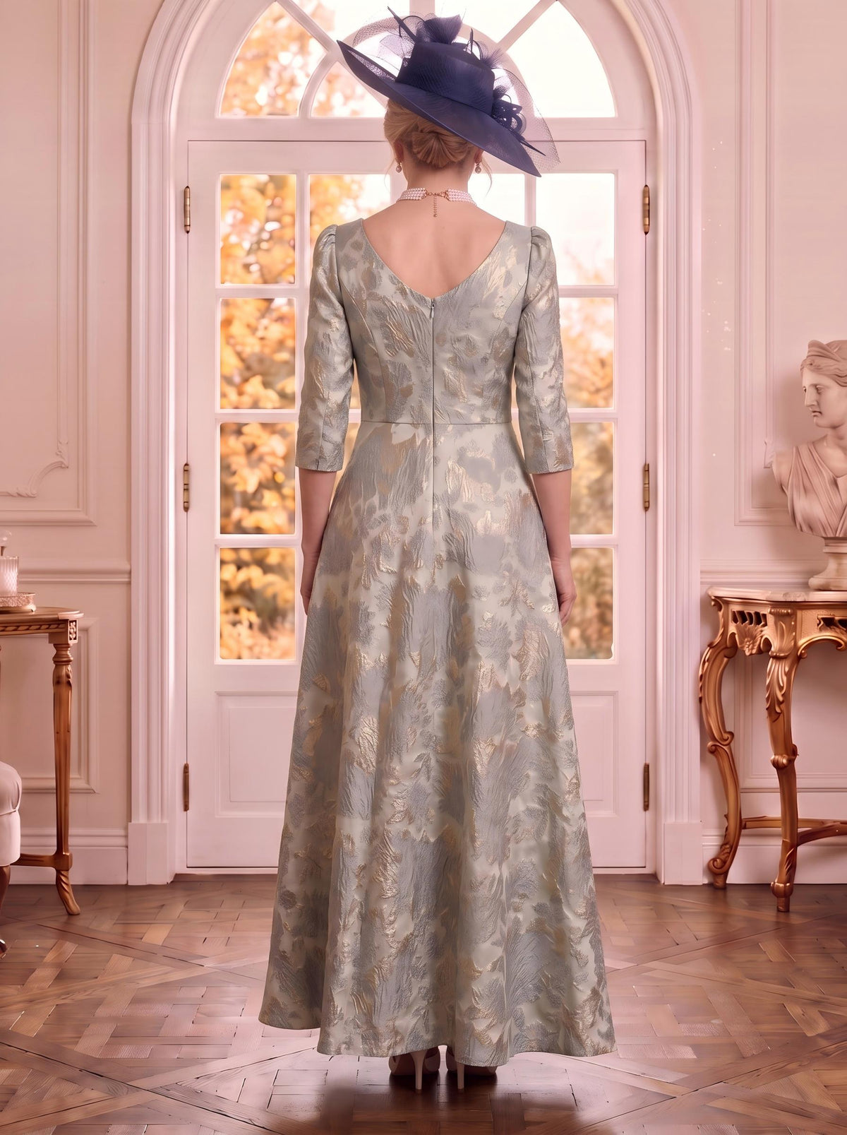 V Neck Satin 3/4 Sleeves Jacquard A Line Mother of the Bride Dresses